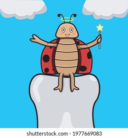 Vector Of Mascot beetle sit on Big Teeth and Sky Background.  Perfect for learning Color, Knowledge, mascot, logo, advertisement, sticker and background.