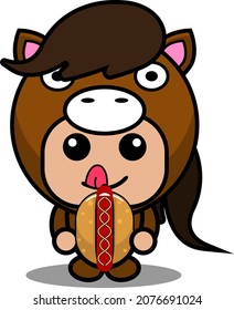vector mascot cartoon character cute horse animal costume eating hot dog