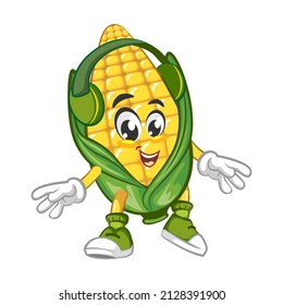 Vector mascot, cartoon and cute corn illustration listening to the headset
