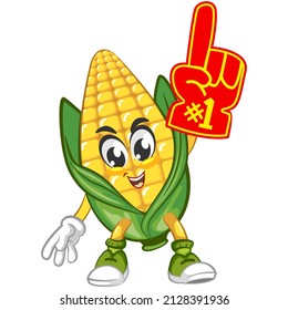 Vector mascot, cartoon and cute corn illustration brandishing foam glove showing one finger excitedly