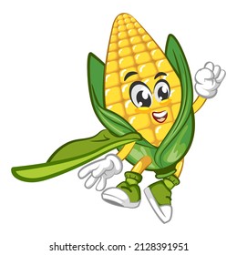 Vector mascot, cartoon and cute corn illustration being a flying superhero