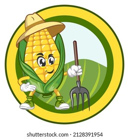Mascota vectorial, dibujos animados y la ilustración del logo del maíz lindo con tierras de cultivo