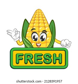 Vector mascot, cartoon and cute corn illustration giving an ok sign above a sign that says fresh