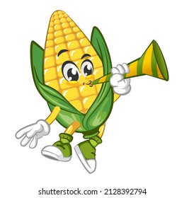 Mascota vectorial, dibujos animados y adorables ilustraciones de maíz soplando alegremente la trompeta del partido