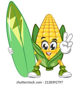 Vector mascot, cartoon and cute corn illustration carrying a surfboard