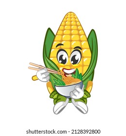 Vector mascot, cartoon and cute corn illustration eating bowl noodles with chopsticks