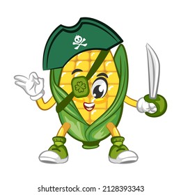 Vector mascot, cartoon and cute corn illustration being a one eyed pirate with a dagger