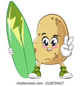 Vector mascot, cartoon and cute potato illustration holding a surfboard