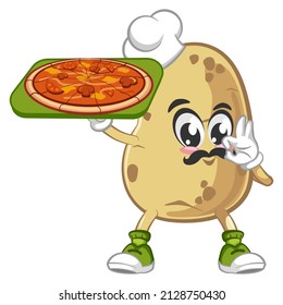 Vector mascot, cartoon and cute potato illustration being a chef and serving pizza