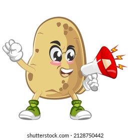 Vector mascot, cartoon and cute potato illustration saying loudly using loudspeaker