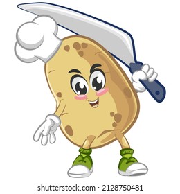 Vector mascot, cartoon and cute potato illustration being a chef with a big dinner knife