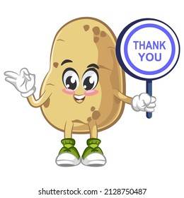 Vector mascot, cartoon and cute potato illustration holding a sign saying thank you