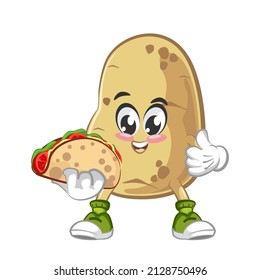 Vector mascot, cartoon and cute potato illustration eating taco