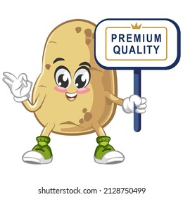 Vector mascot, cartoon and cute potato illustration holding a sign that says premium quality