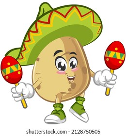 Vector mascot, cartoon and cute potato illustration wearing sombrero with playing maracas