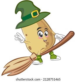 Vector mascot, cartoon and cute potato illustration being a witch by flying on a broomstick