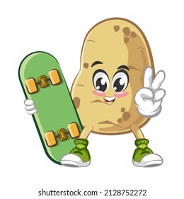Vector mascot, cartoon and cute potato illustration carrying a skateboard