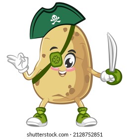 Vector mascot, cartoon and cute potato illustration being a one eye pirate with his hat and dagger