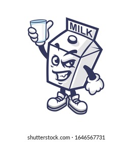 Vector mascot, cartoon, and illustration of a angry milk box holding glass