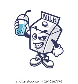 Vector mascot, cartoon, and illustration of a angry milk box holding boba drink