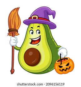 Vector mascot, cartoon and illustration of a avocado wearing witch costume holding candy and broom to celebrate hellowen party