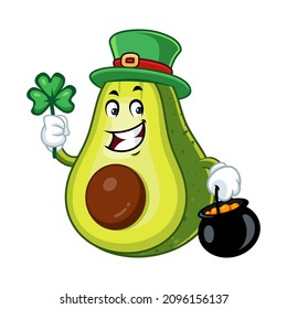 Vector mascot, cartoon and illustration of a avocado wearing leprechaun costume with a pot of coins