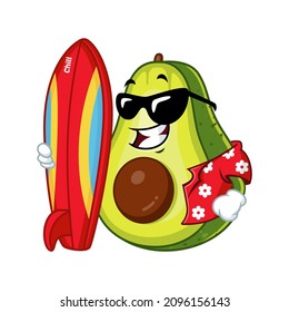 Vector mascot, cartoon and illustration of a avocado wearing shirt and holding surfing board