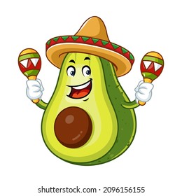 Vector mascot, cartoon and illustration of a avocado wearing sombrero with holding maracas