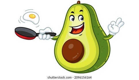 Vector mascot, cartoon and illustration of a avocado holding frying pan and cooking yolk egg