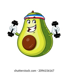 Vector mascot, cartoon and illustration of a avocado doing exercises with dumbbells