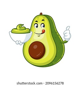 Vector mascot, cartoon and illustration of a avocado holding nacho dip in bowl