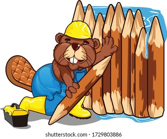 Vector Mascot Cartoon Illustration Of Beaver Builds A Dam