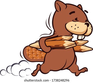 vector mascot cartoon illustration of the beaver ran carrying wood