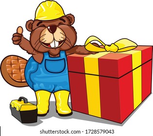 vector mascot cartoon illustration big gift from beaver