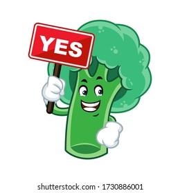 Vector mascot, cartoon, and illustration of a broccoli holding yes sign board