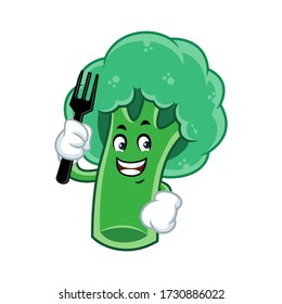 Vector mascot, cartoon, and illustration of a broccoli holding fork