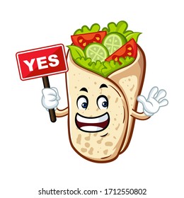 Vector mascot, cartoon, and illustration of a burrito holding sign board and say yes!