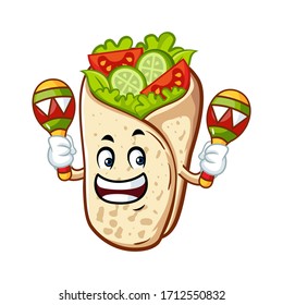 Vector mascot, cartoon, and illustration of a burrito holding maracas