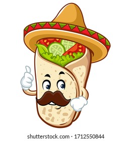 Vector mascot, cartoon, and illustration of a burrito thumb up wearing sombrero