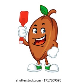 Vector mascot, cartoon, and illustration of a cacao beans holding plastic spatula