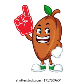 Vector mascot, cartoon, and illustration of a cacao bean holding finger foam