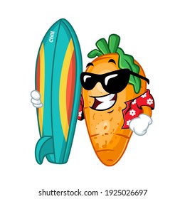 Vector mascot, cartoon and illustration of a carrot wearing shirt and holding surfing board