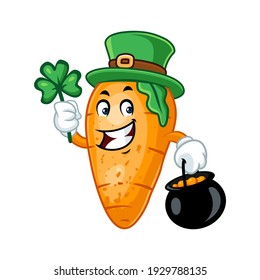 Vector mascot, cartoon and illustration of a carrot wearing leprechaun costum with a pot of coins