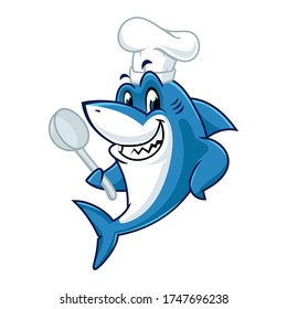 Vector mascot, cartoon, and illustration of a chef shark holding laddle spoon