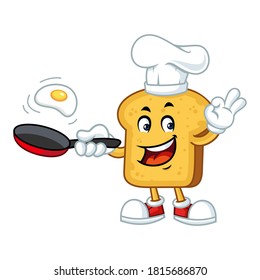 Vector mascot, cartoon, and illustration of a chef toast holding frying pan and cooking yolk egg