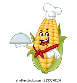 Vector mascot, cartoon and illustration of a chef corn holding tray catering