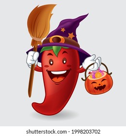 Vector mascot, cartoon, and illustration of a chili wearing witch costume