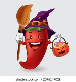 Vector mascot, cartoon, and illustration of a chili wearing witch costume