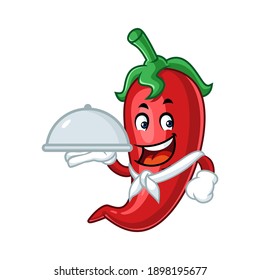 Mascota vectorial, dibujos animados e ilustración de un chili sosteniendo una bandeja de comida