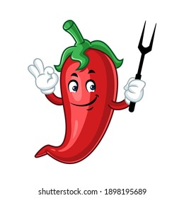 Vector mascot, cartoon, and illustration of a chilli holding BBQ fork